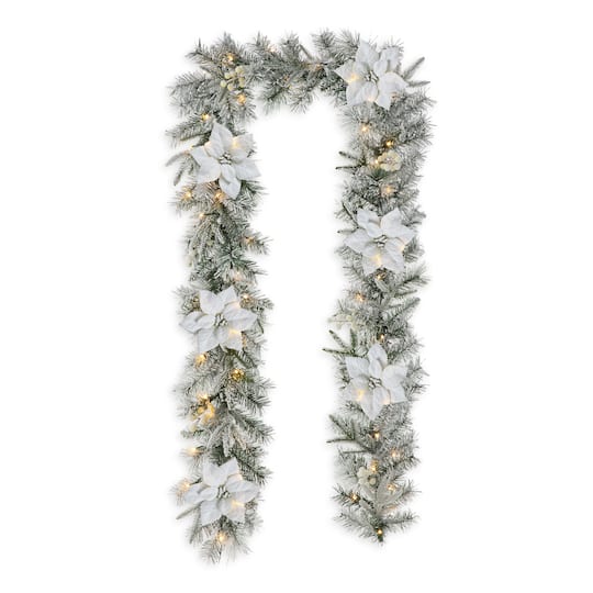 Glitzhome® 9ft. Pre-Lit Snow Flocked Greenery Pine Poinsettia Christmas Garland